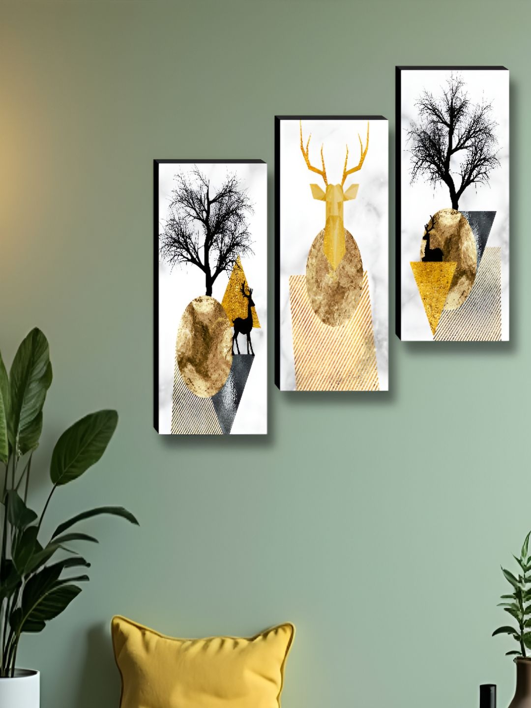 SAF White & Gold-Toned 3 Pieces Birds and Animals Synthetic Wood Wall Paintings-picture-31