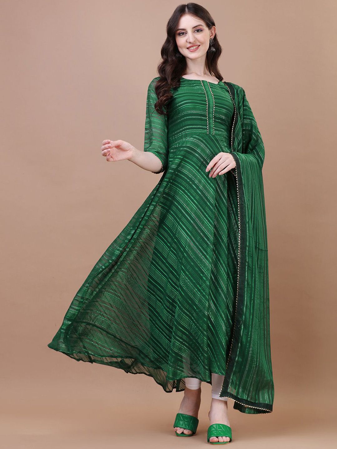 PMD Fashion Striped Round Neck Gotta Patti Anarkali Kurta With Dupatta-picture-41