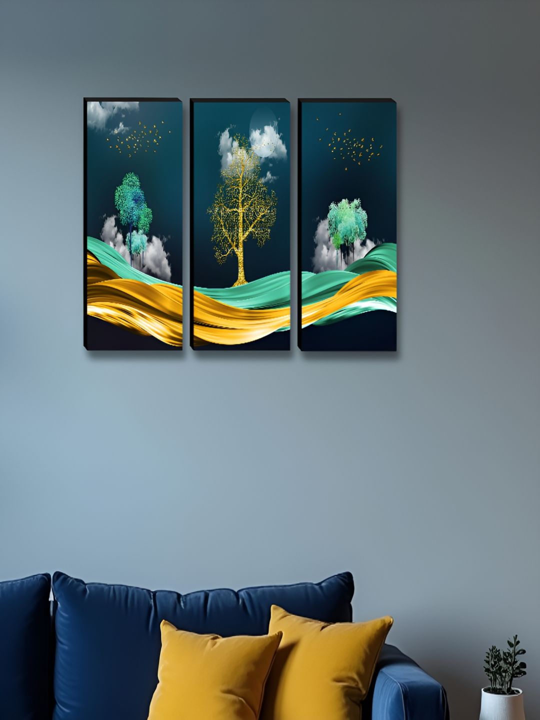 SAF Yellow & Blue 3 Pieces Floral and Botanical Synthetic Wood Wall Paintings-image-23