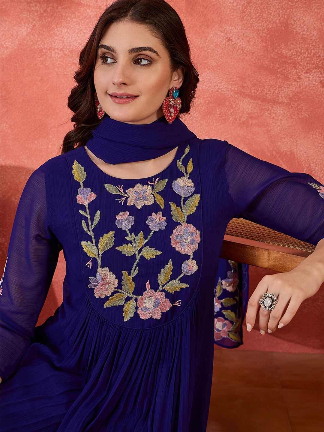 Sangria Floral Yoke Design Straight A-Line With Trouser And Dupatta-picture-29