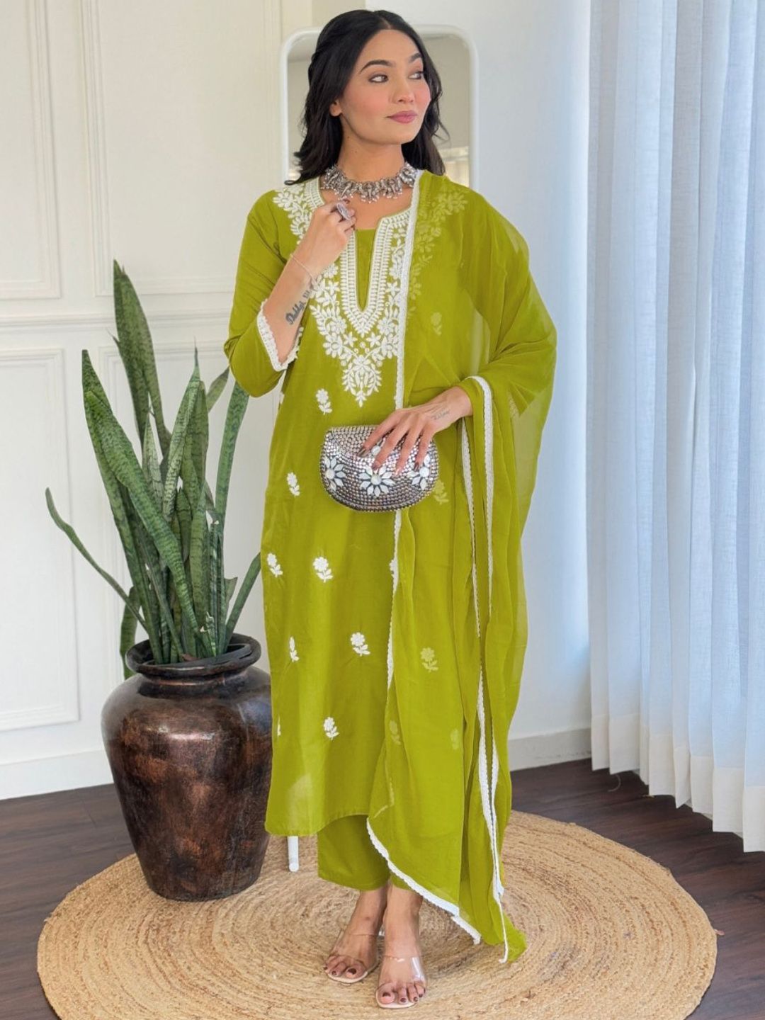 KALINI Floral Embroidered Straight Thread Work Pure Cotton Kurta With Trousers And Dupatta