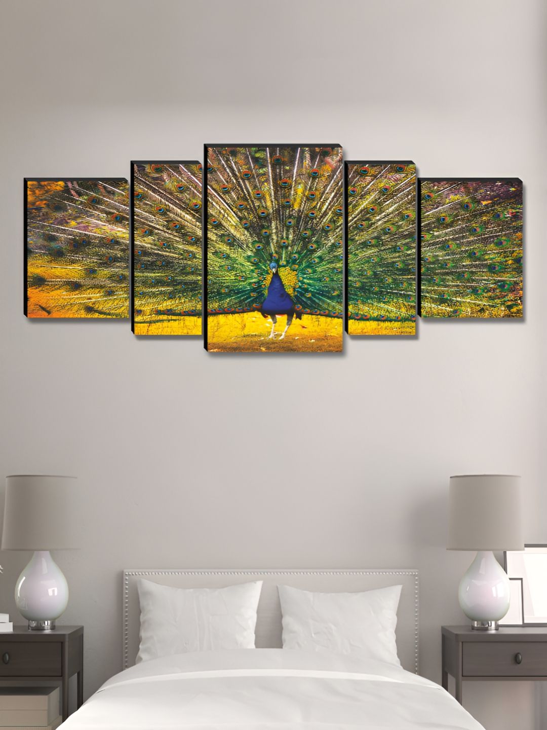 Myntra Elegant Homes Green & Yellow 5 Piece Canvas Birds and Animals Wall Paintings-image-35