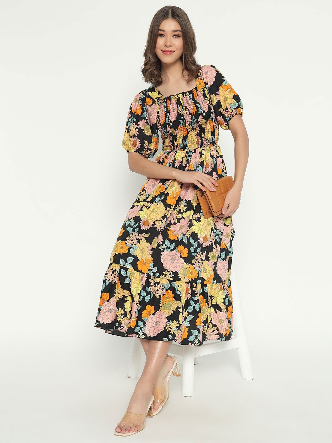 Raiyani Enterprise Women Floral Printed Smocked Tiered Fit & Flare Midi Dress-picture-34