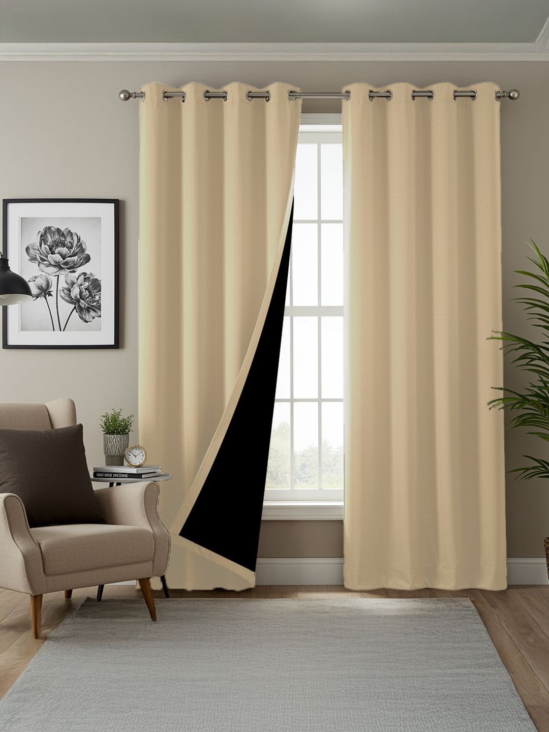 URBAN SPACE Beige & Black 2 Pieces Black Out Window Curtains-picture-27