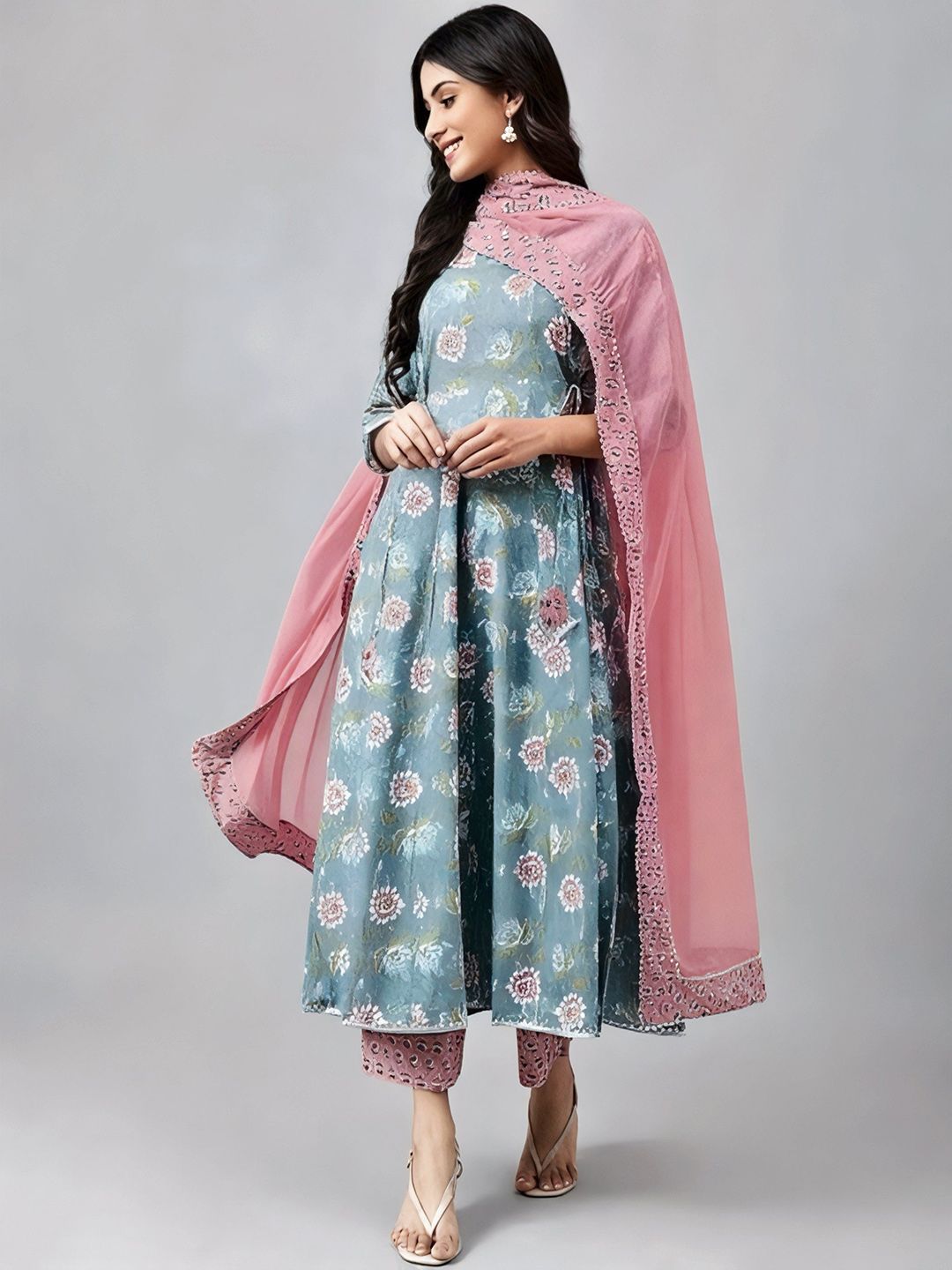 BAIRAJ Floral Printed Thread Work Anarkali Kurta with Trousers & Dupatta-picture-11