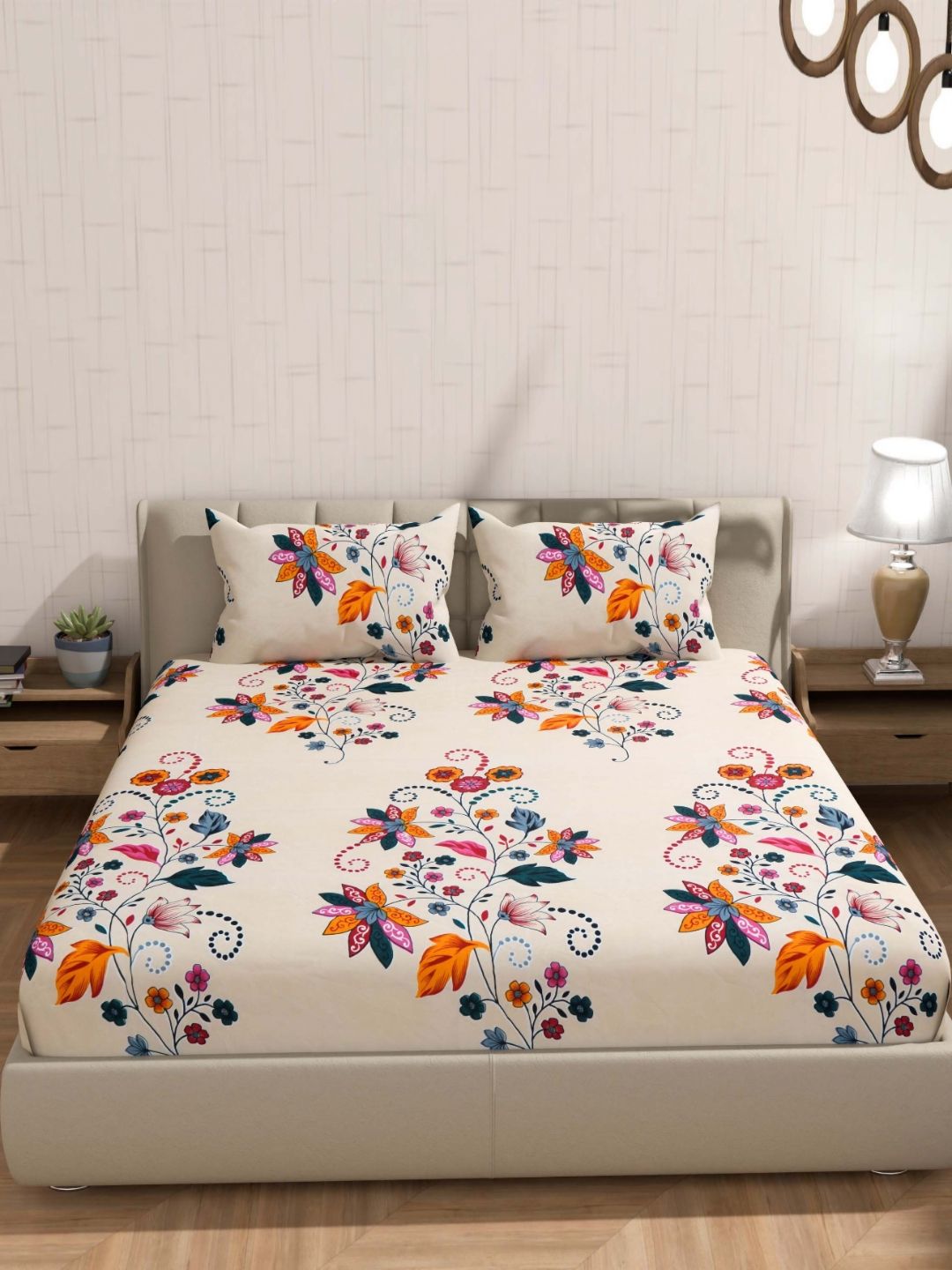 BLUEDOT Pummy Cream Printed Polycotton 210 TC Fitted King Bedsheet Set 1.98 m x 1.82 m-picture-28