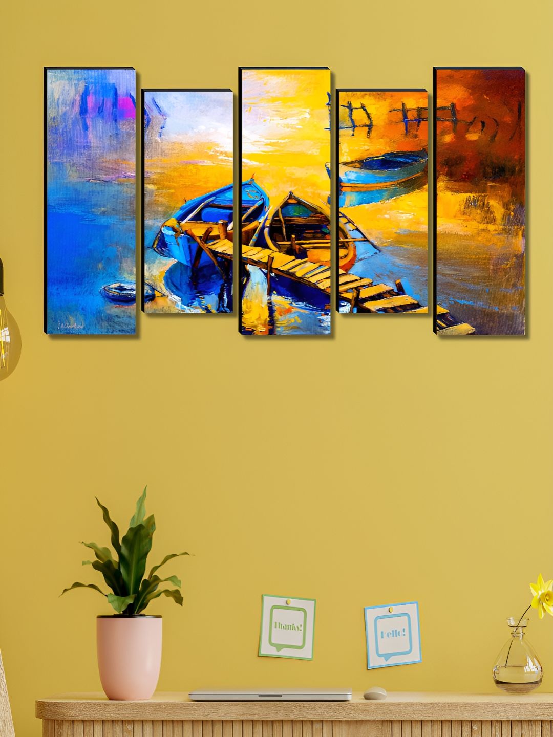 Myntra Elegant Homes Yellow & Brown 5 Pieces Boats Canvas Wall Art-image-13