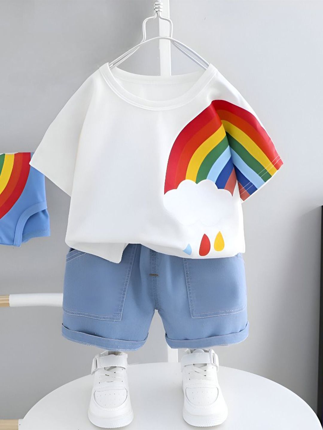 Googo Gaaga Boys Rainbow Printed Round Neck Pure Cotton T-shirt With Shorts-picture-22