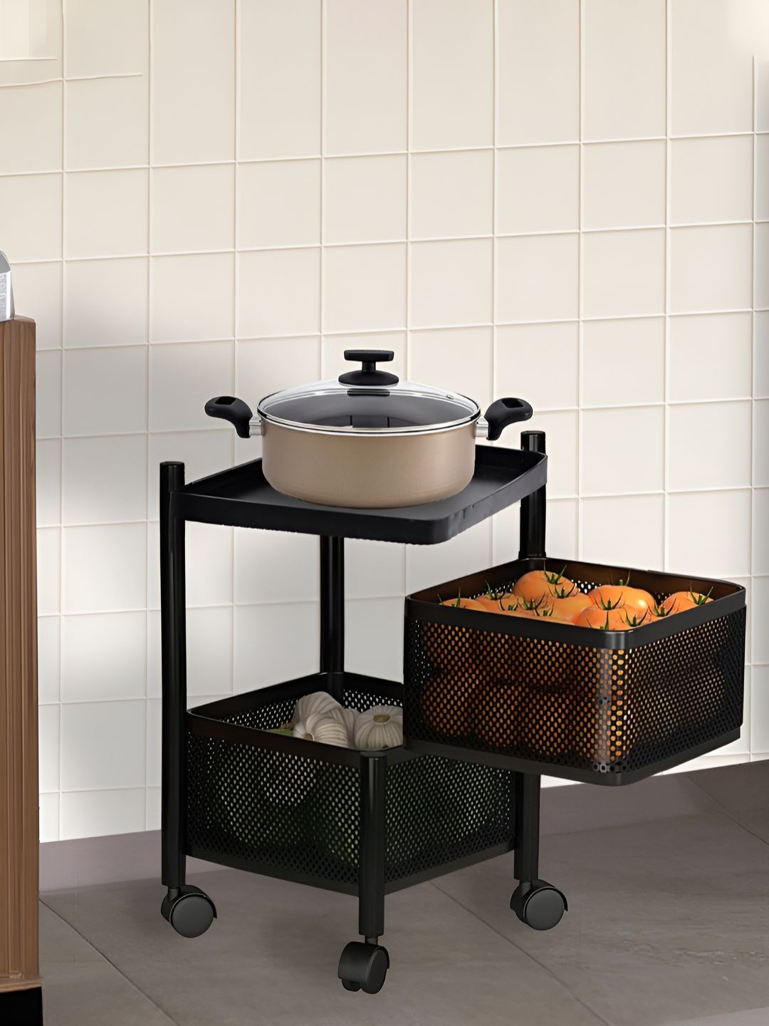 Aura Black Metal 2-Layer Revolving Multipurpose Storage Rack With Wheels-image-40