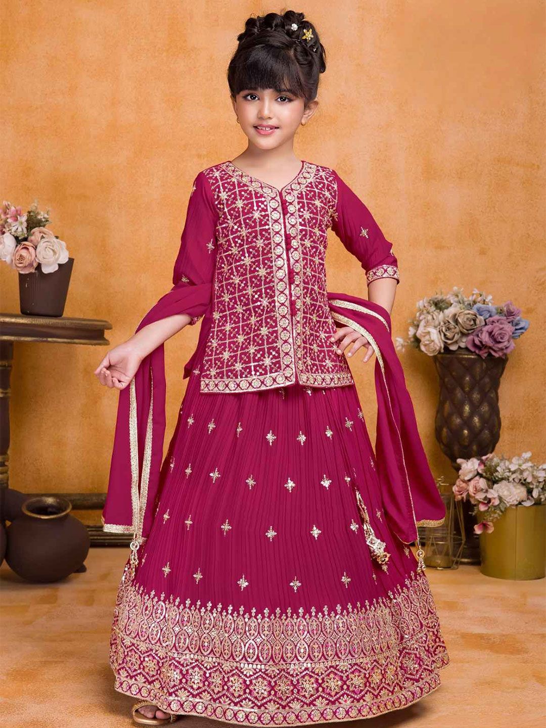 Lagorii Girls Floral Embroidered Sequinned Ready to Wear Lehenga & Blouse With Dupatta-image-16