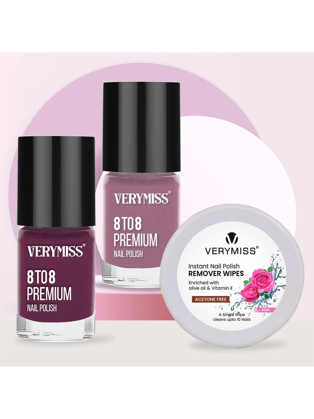 VERYMISS Set Of 3 8 To 8 Nail Polish - 6 ml Each - Shade 209-307 & Remover Wipes-picture-29