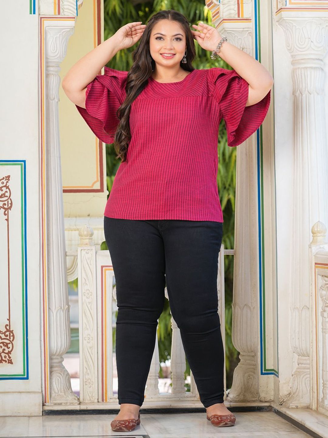 Kalini Women Vertical Stripes Printed Round Neck Flared Sleeves Regular Top-picture-30