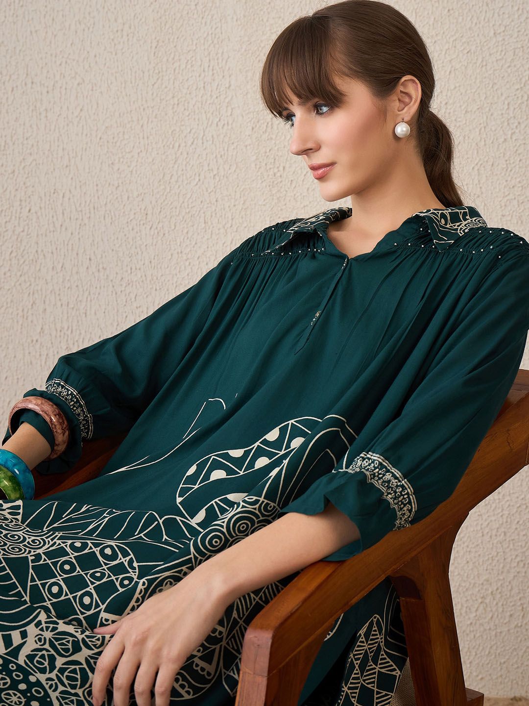 Indo Era Floral Printed Shirt Collar A-Line Kurta With Trousers