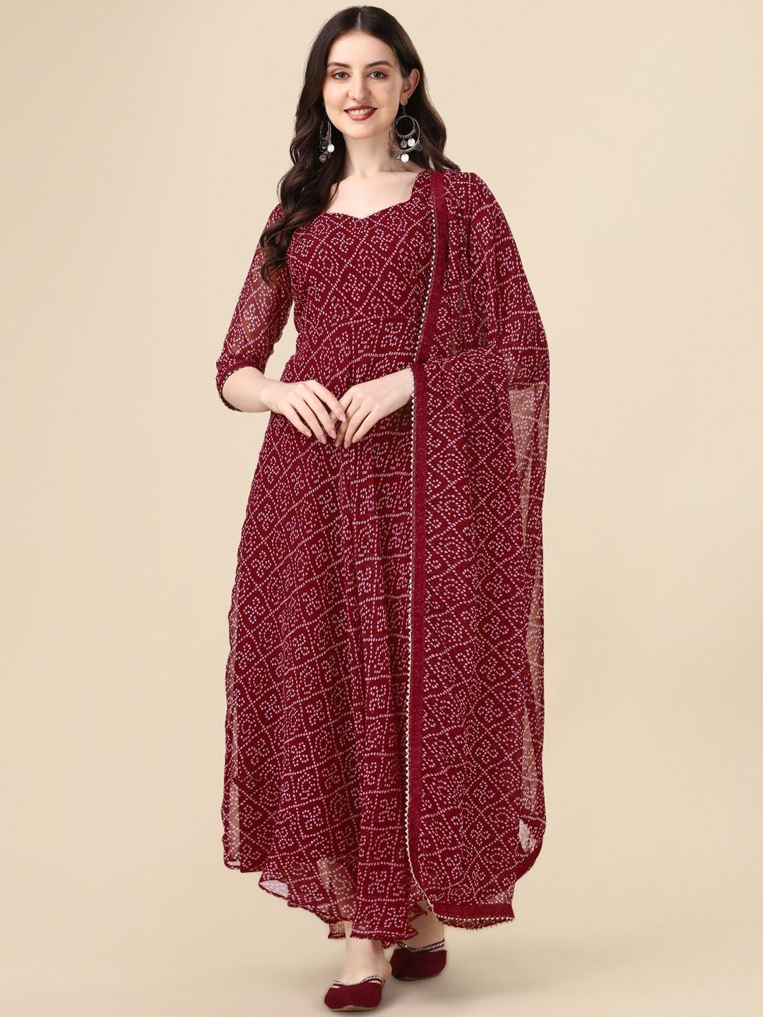 PMD Fashion Bandhani Printed Sweetheart Neck A Line Kurta With Leggings and Dupatta