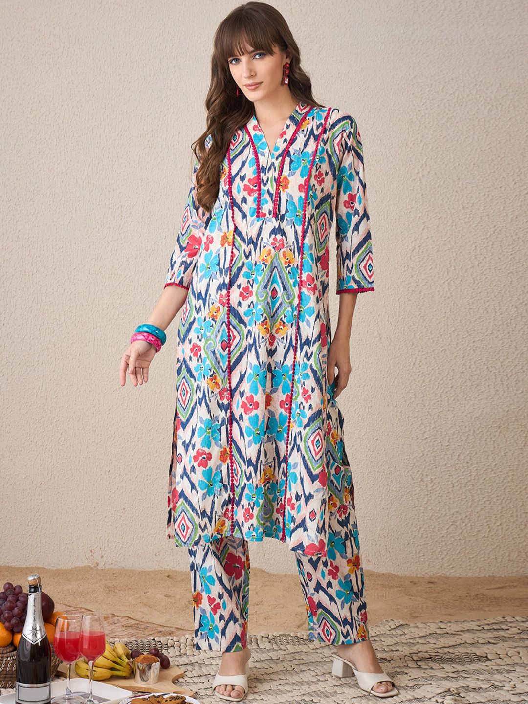 Indo Era Floral Printed V-Neck Panelled Pure Cotton Straight Kurta With Trouser-picture-24