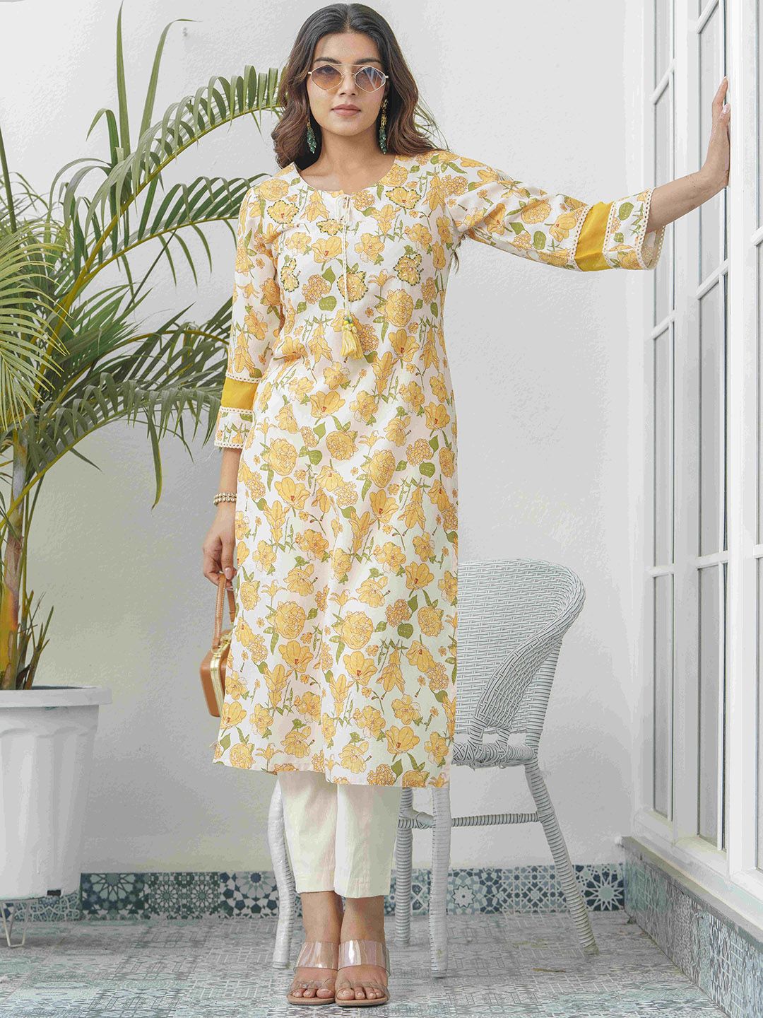 Sangria Floral Printed Round Neck Linen Straight Kurta-picture-17