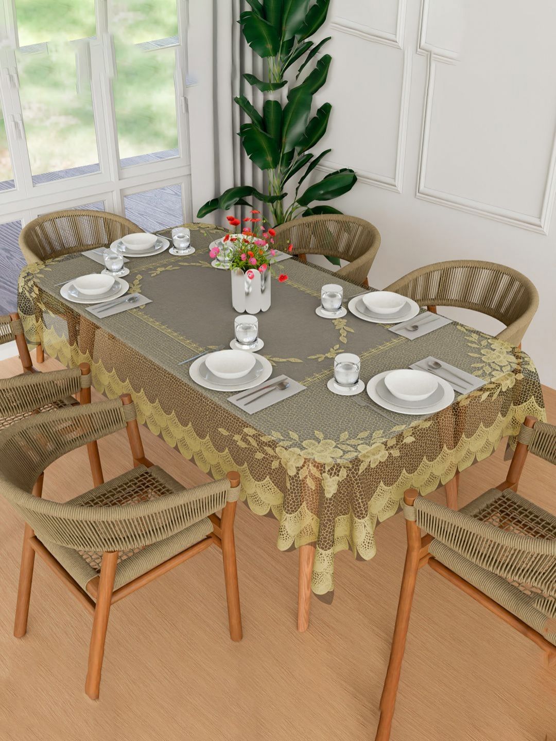 Myntra Elegant Homes Cream Floral Waterproof 6-Seater 1.52m x 2.3m PVC Table Cover-image-2