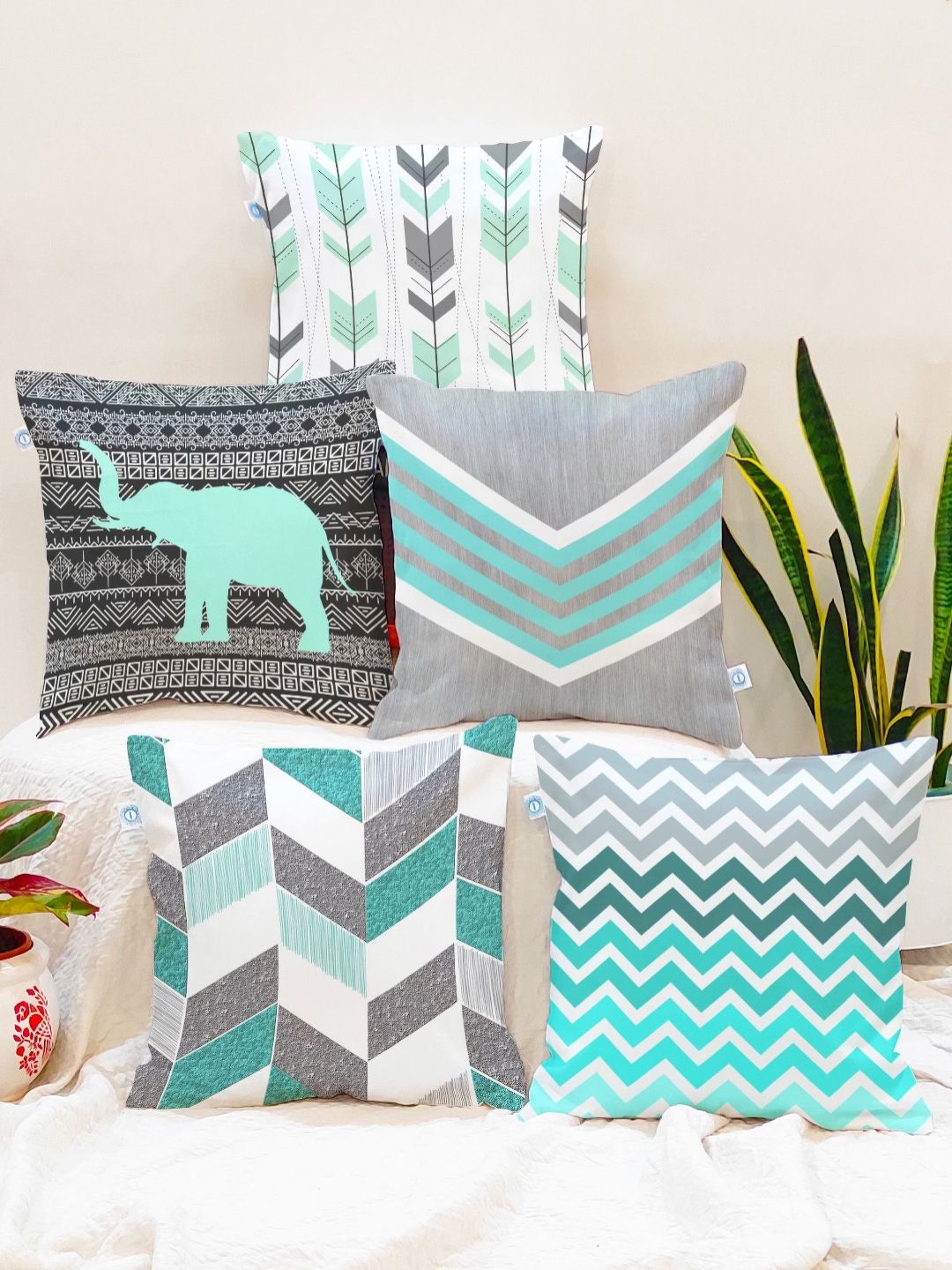STITCHNEST Grey & Teal 5 Pieces Geometric Square Cushion Covers-image-19