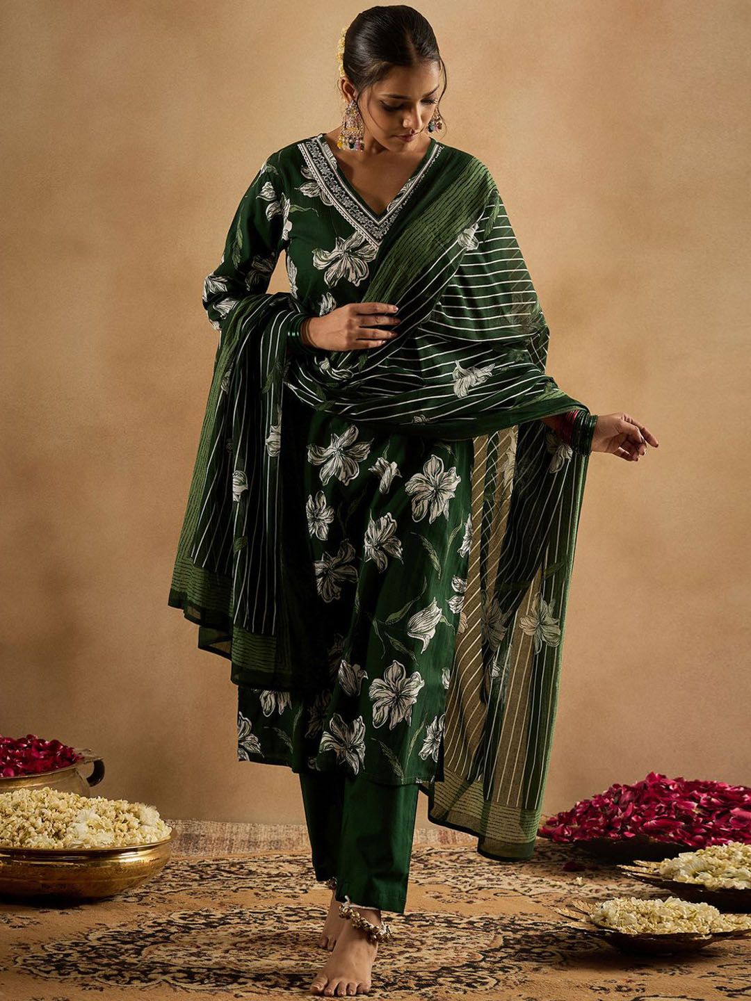 Indo Era Floral Printed V-Neck Pure Cotton Straight Kurta With Trouser & Dupatta-picture-39