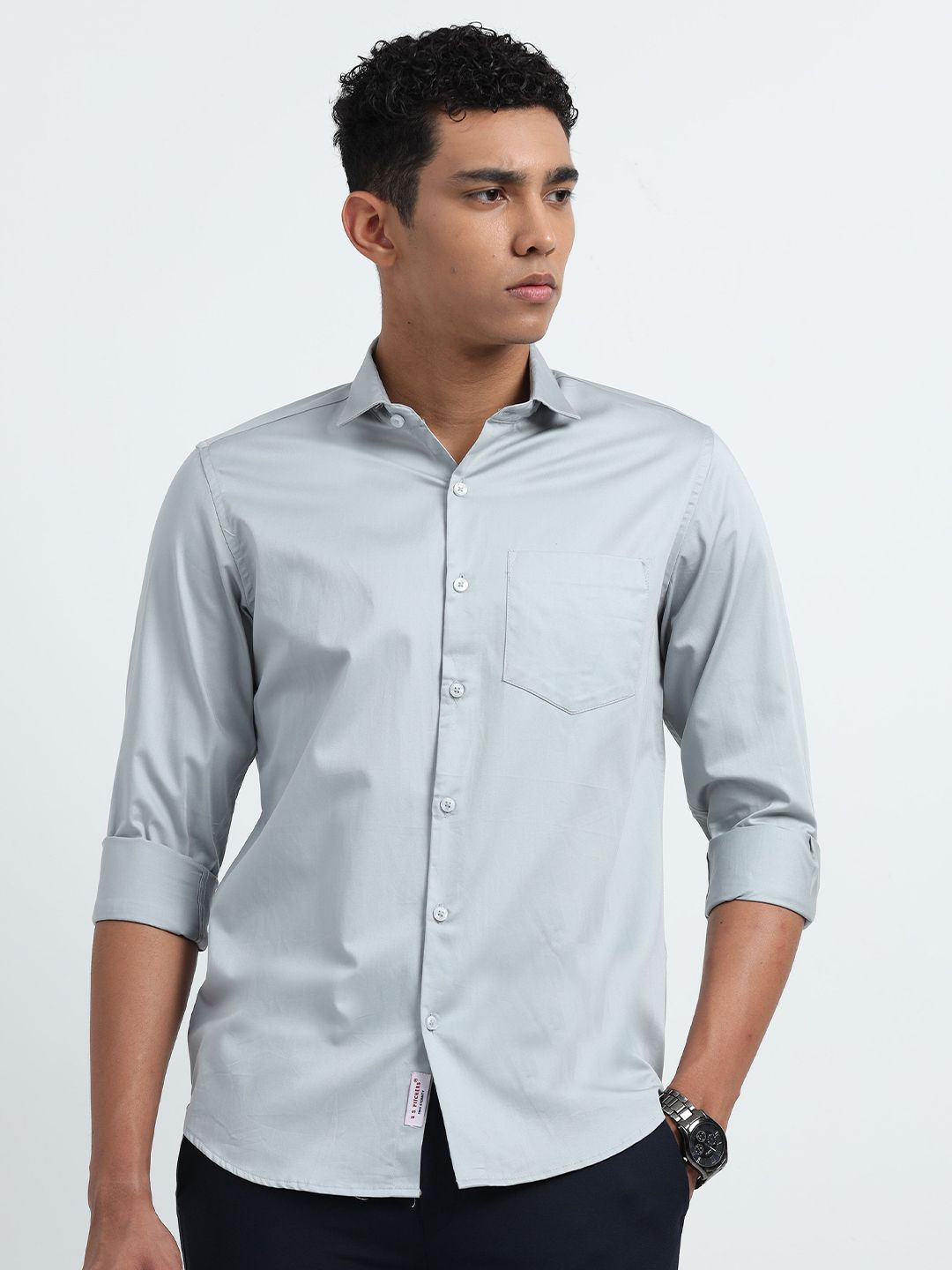 U.S. PITCHERS Men Smart Slim Fit Spread Collar Solid Satin Casual Shirt-picture-38