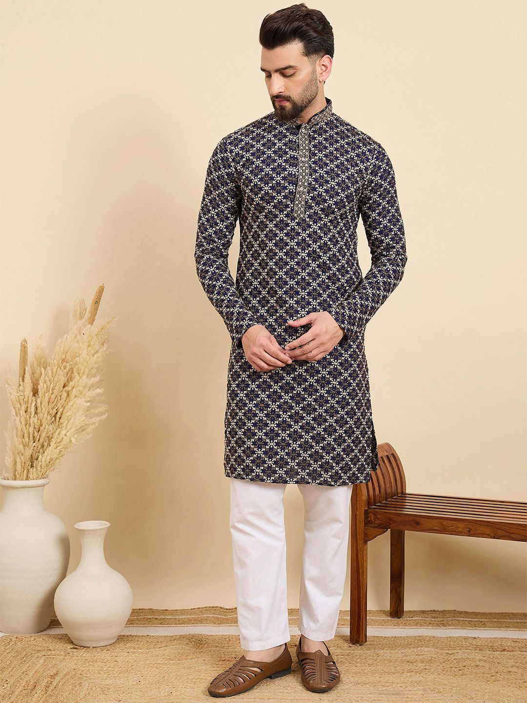 House of Pataudi Geometric Embroidered Thread Work Mandarin Collar Straight Kurta-image-49
