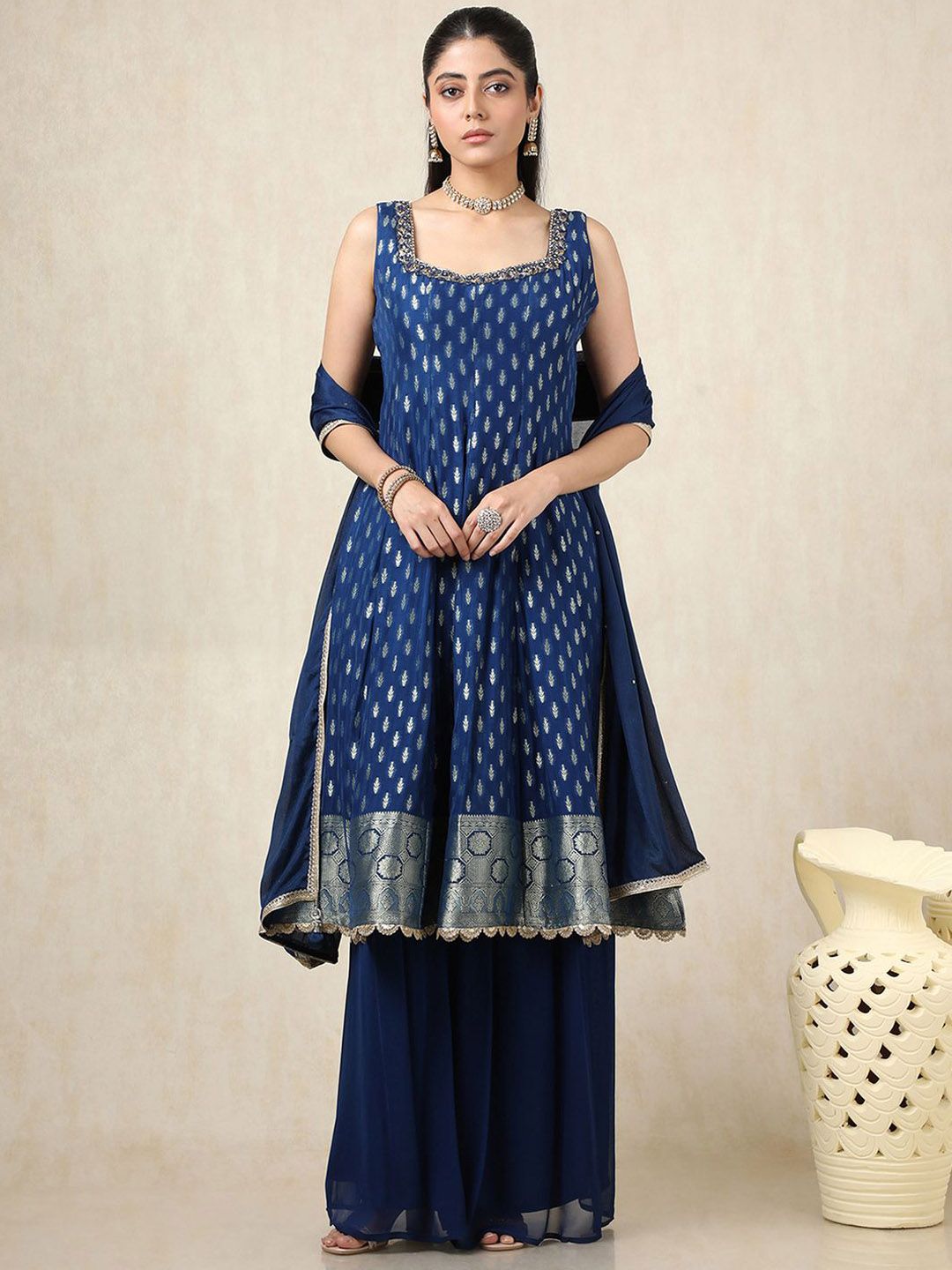 Soch Floral Woven Design Sequinned Square Neck Anarkali Kurta With Palazzos And Dupatta-picture-23