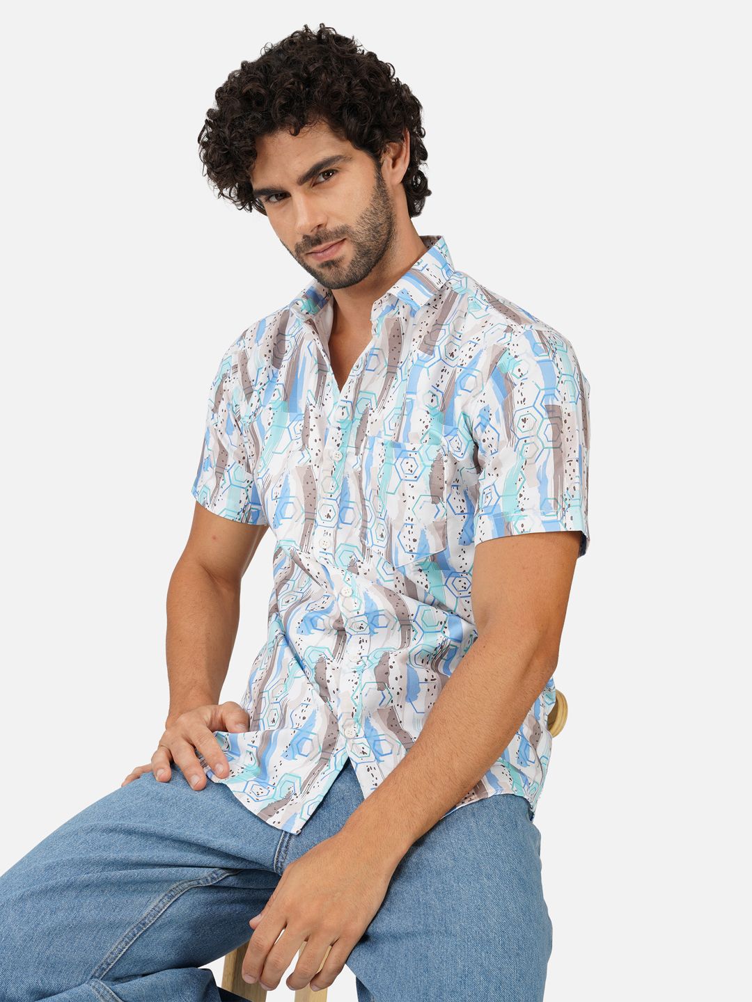 BASE 41 Men Spread Collar Geometric Printed Casual Shirt-picture-13