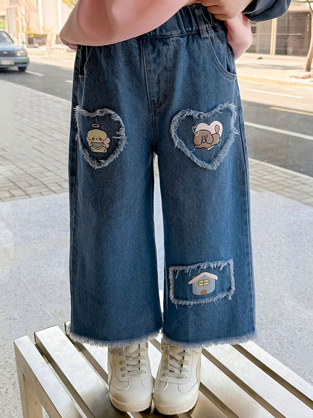 LULU & SKY Girls Wide Leg High-Rise Mildly Distressed Light Fade Jeans-picture-56