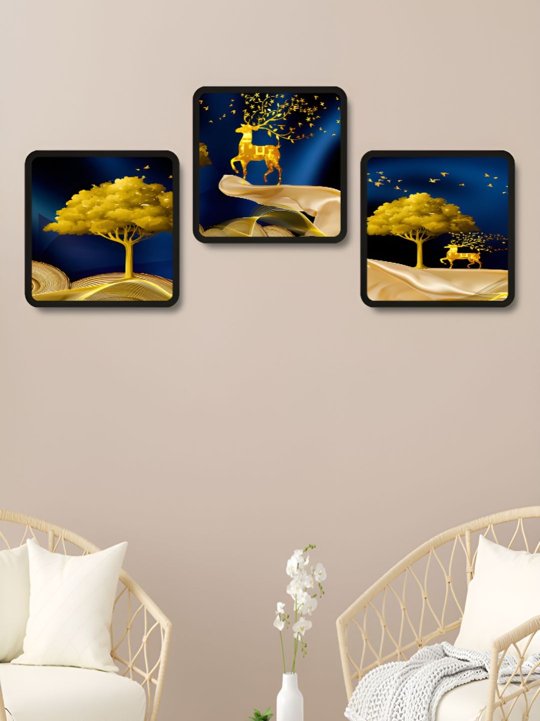 Myntra Elegant Homes Black & Gold-toned 3 Pieces Deer & Tree Printed Wooden Wall Art-image-16