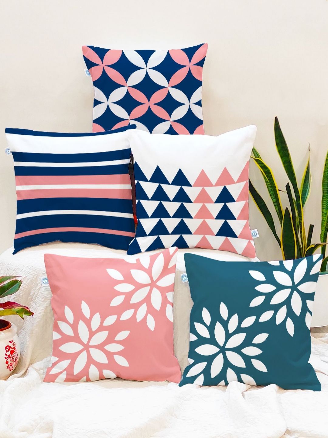 STITCHNEST Pink & Blue Set of 5 Floral Square Cushion Covers-picture-14