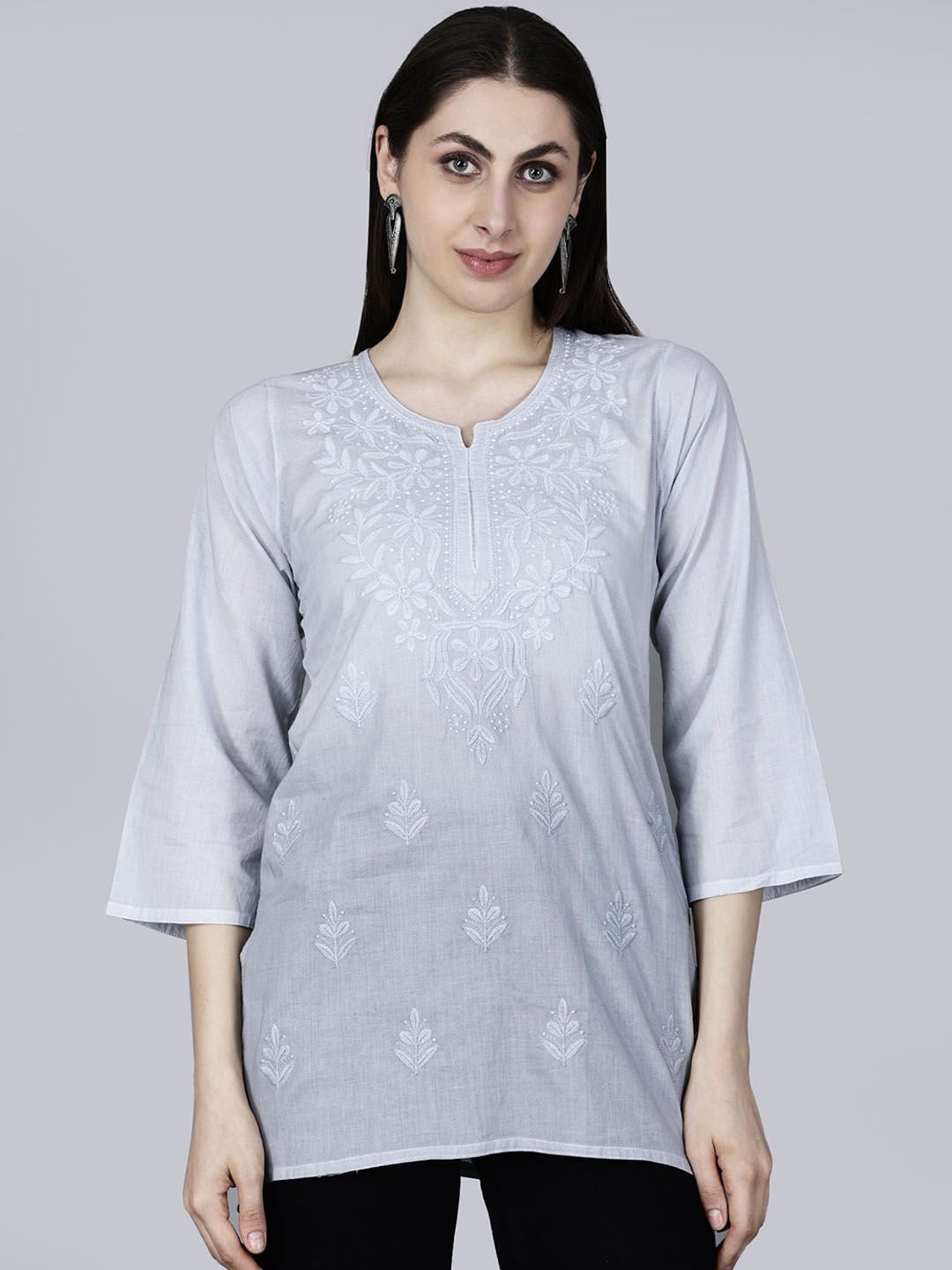 NAZAQAT ETHNIC INDIA Floral Embroidered Notch Neck Chikankari Cotton Straight Short Kurta-picture-40