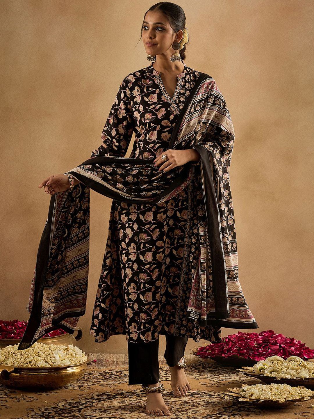 Indo Era Floral Printed Angrakha Pure Cotton A-Line Kurta With Trousers & Dupatta-picture-14