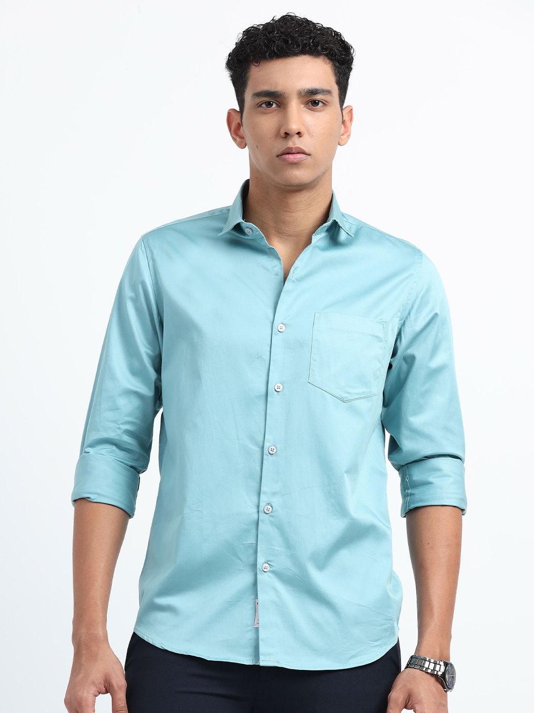 U.S. PITCHERS Men Smart Slim Fit Spread Collar Solid Satin Casual Shirt-picture-37