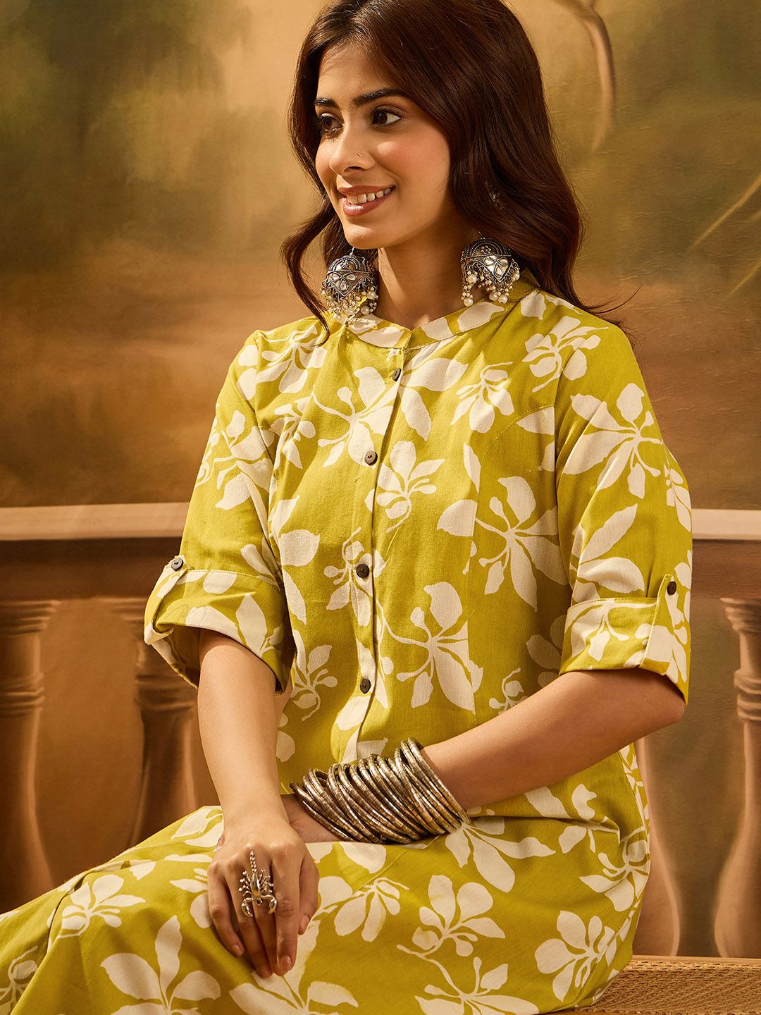 Sangria Floral Printed Mandarin Collar Pure Cotton A-Line Kurta-picture-30