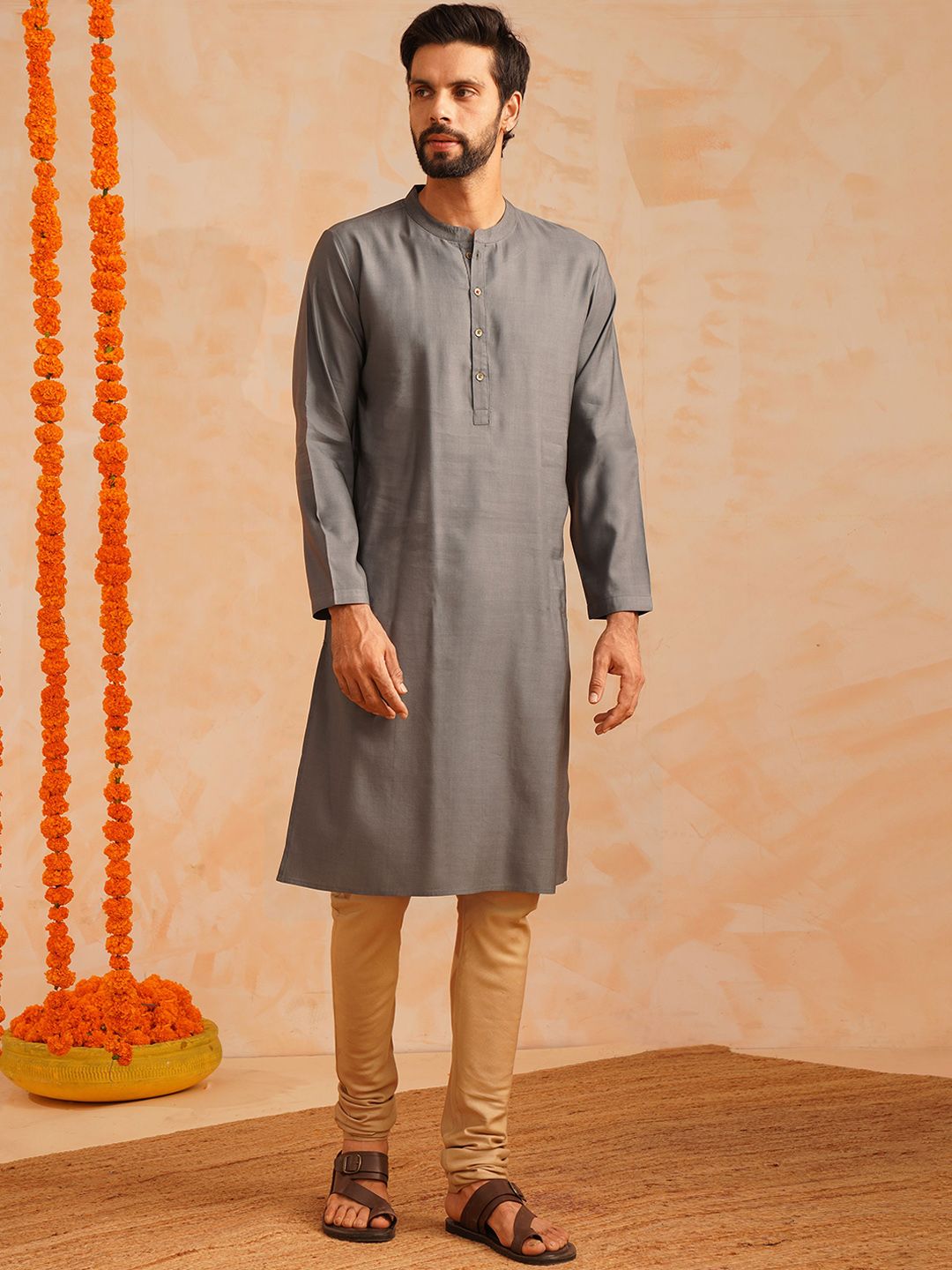 JAYPORE Mandarin Collar Straight Silk Kurta-picture-24