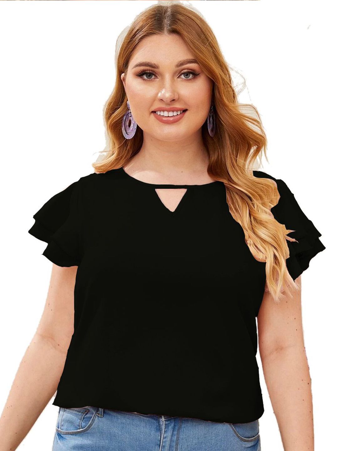 DressBerry Women Keyhole Neck Flutter Sleeve Regular Top-picture-22