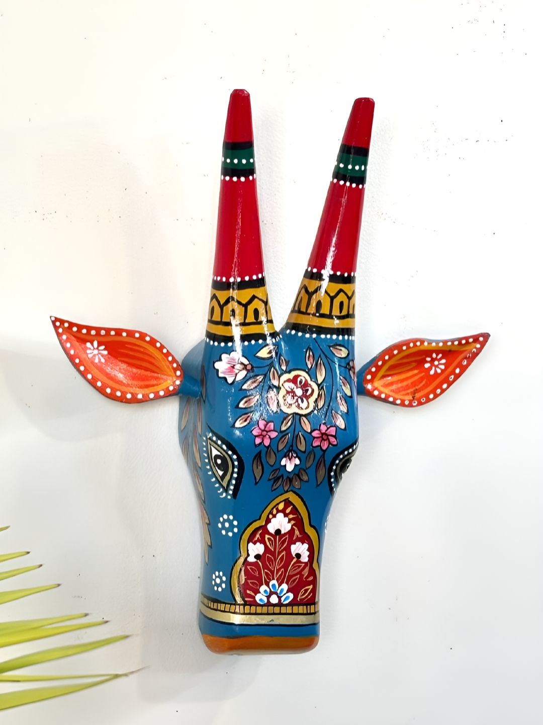 Atrangi Studio Blue & Red Printed Wooden Cow Wall Decor Mask-picture-23