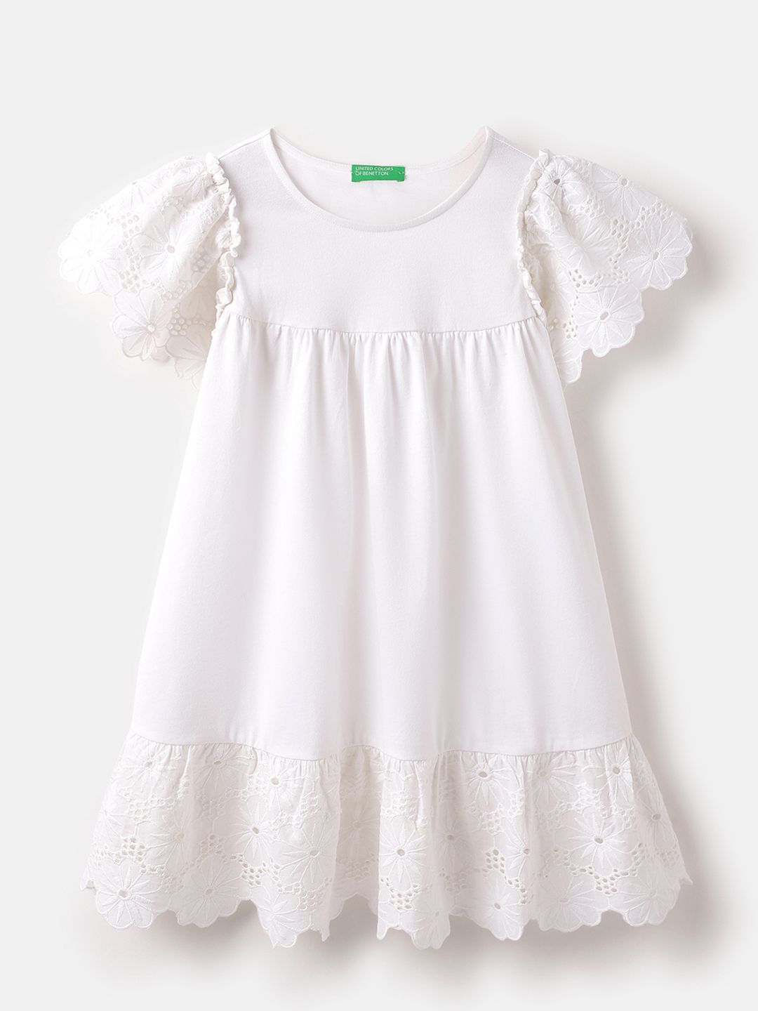 United Colors of Benetton Girls Cotton Embroidered Flared Sleeve Empire Dress