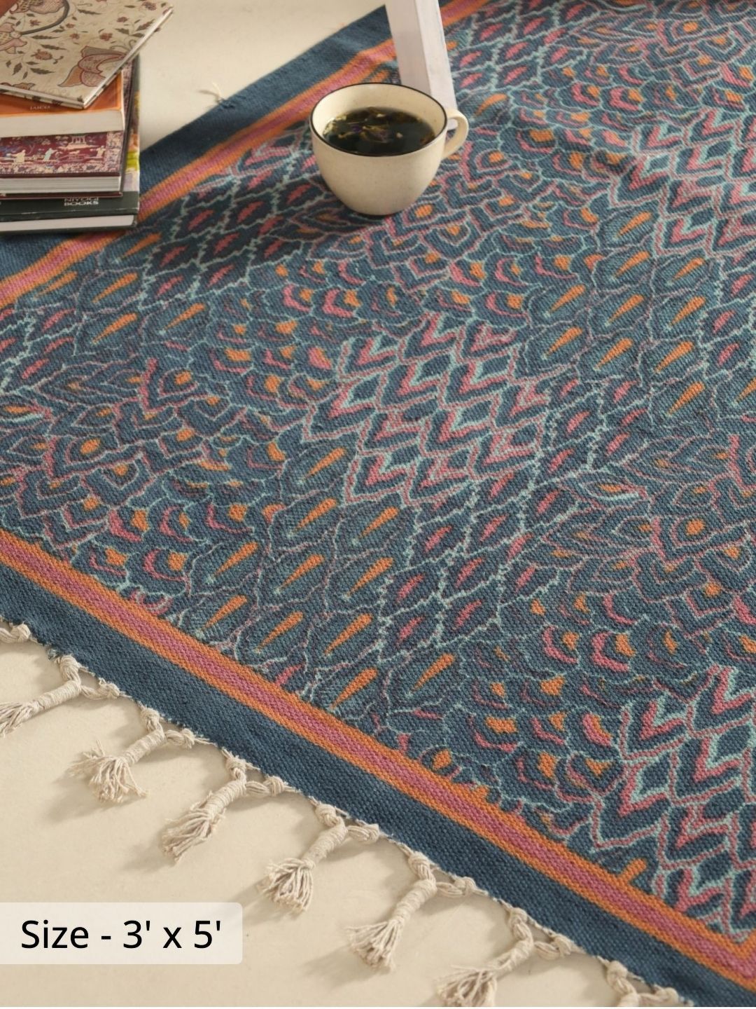 Peepul Tree Navy Blue Ethnic Motifs Handmade Cotton Carpet-image-22