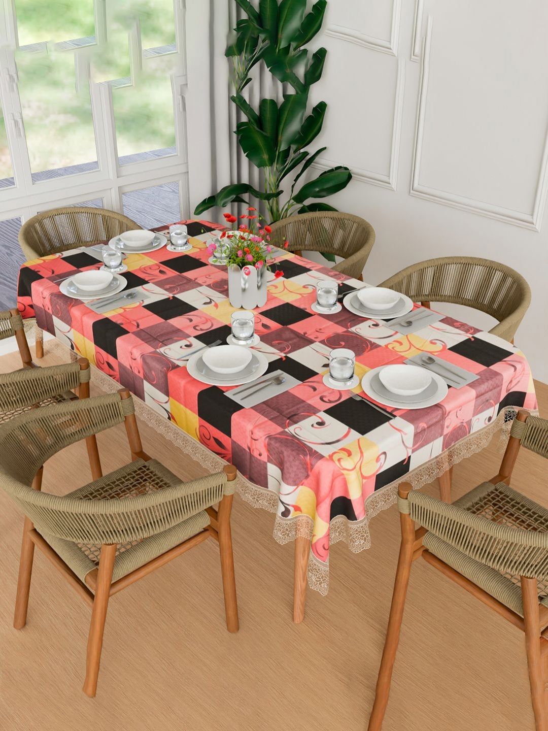 Aura Pink Geometric Printed Rectangular Shaped Waterproof 6-Seater Table Cover-image-37
