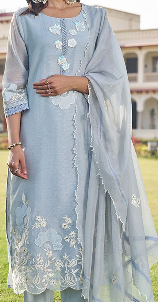 Magenta Thread Work Round Neck Straight Kurta with Trousers & With Dupatta