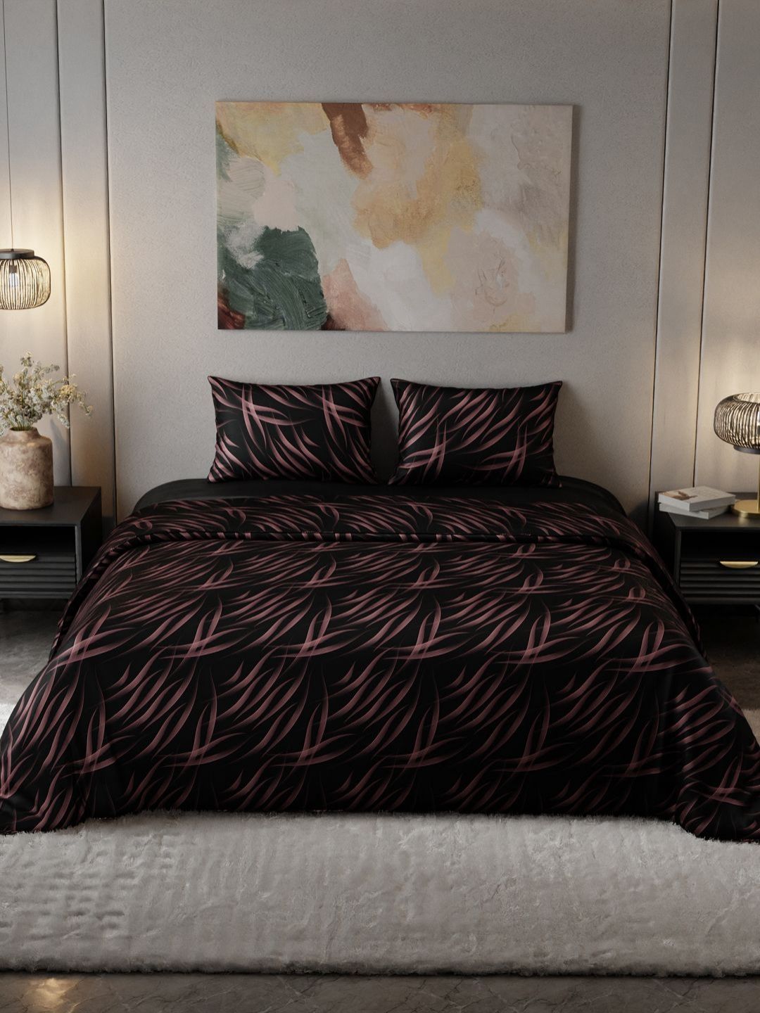 Stoa Paris Noir Black & Pink Printed AC Room 150 GSM Satin Double Bed Comforter-image-39