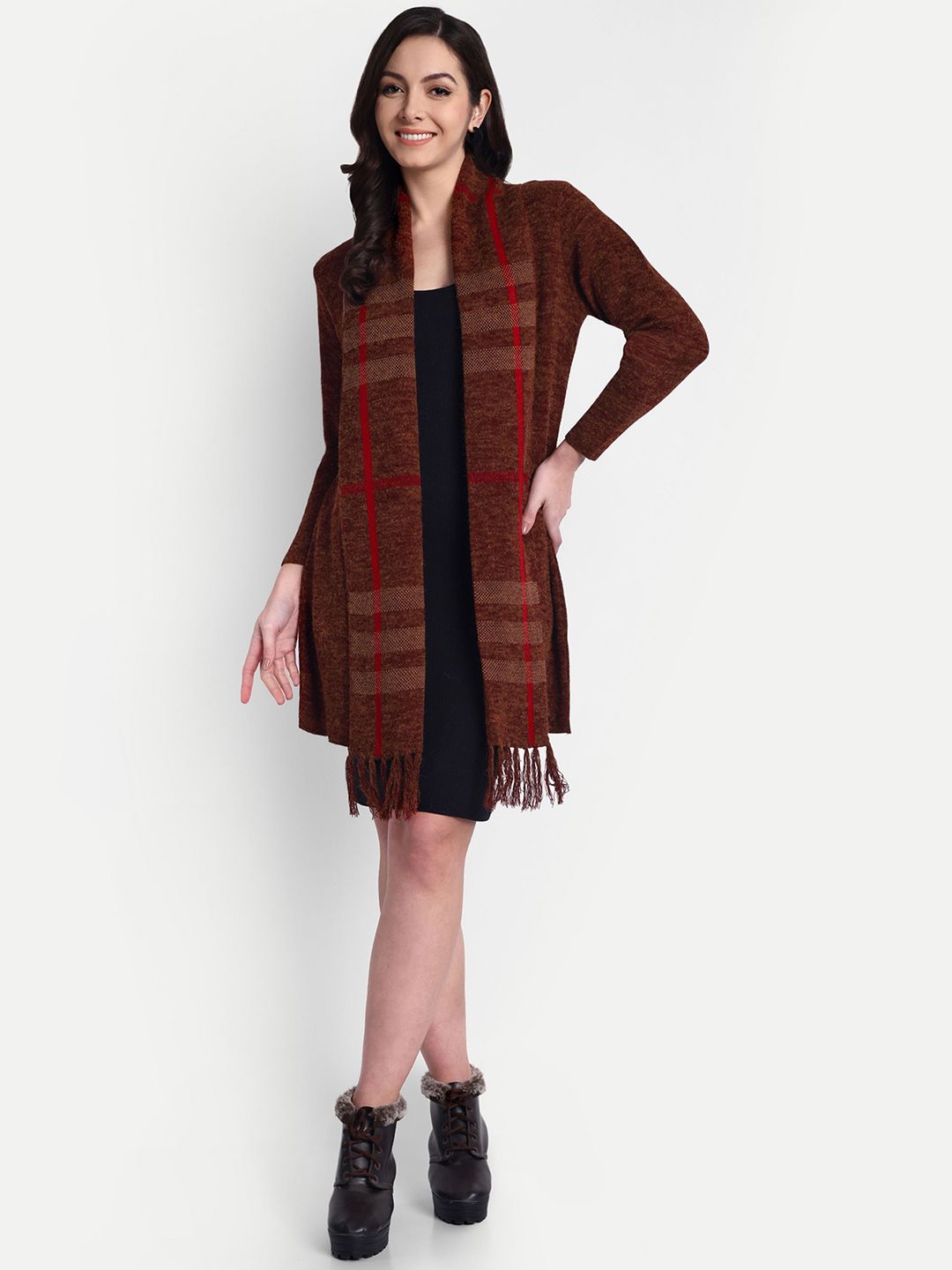 HAUTEMODA Geometric Woven Design Long Sleeves Open Front Woolen Shrug-picture-58