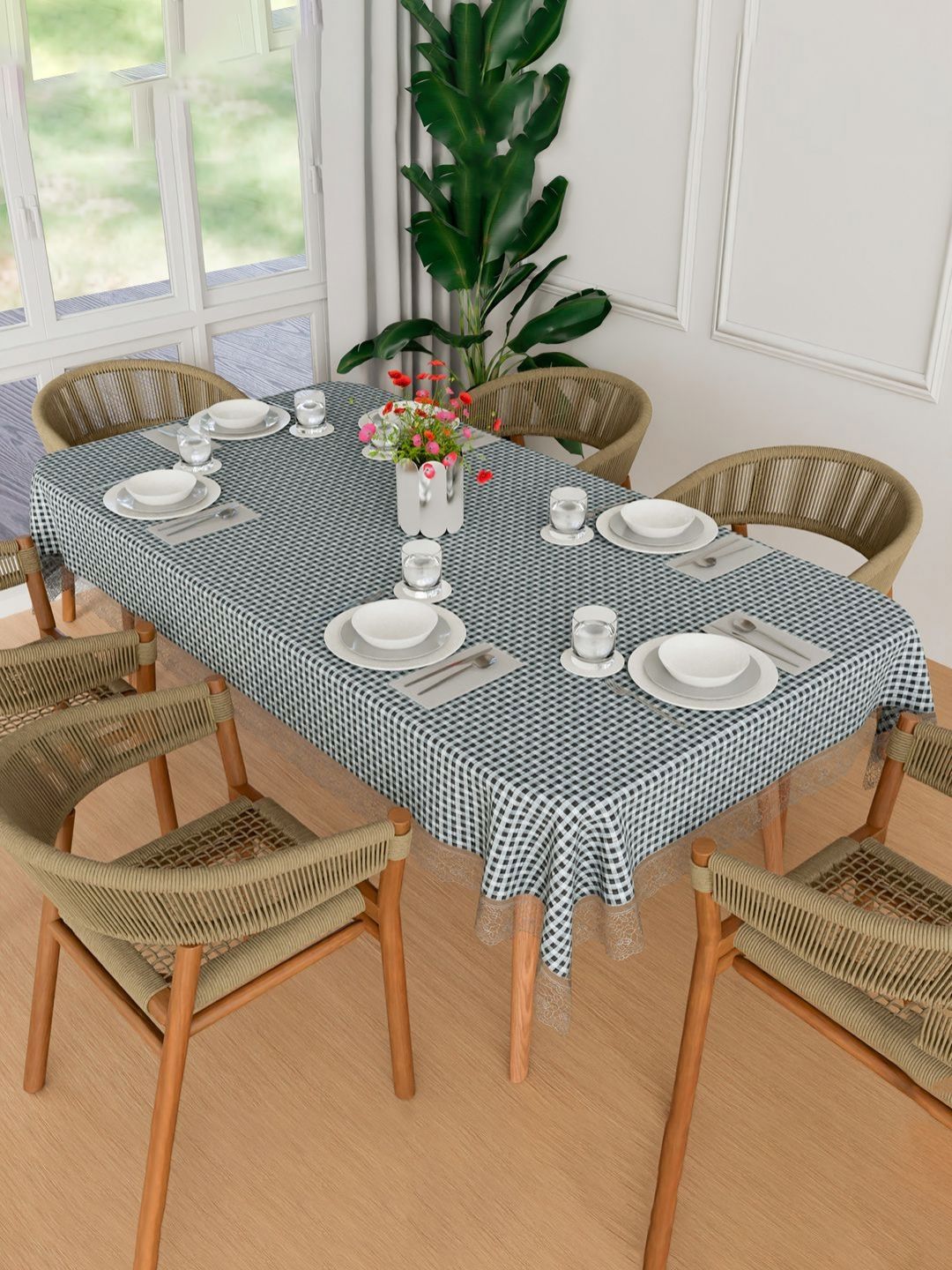 Aura Grey Checked Printed Waterproof 6-Seater Rectangle 1.52 m x 2.3 m PVC Table Cover-image-14