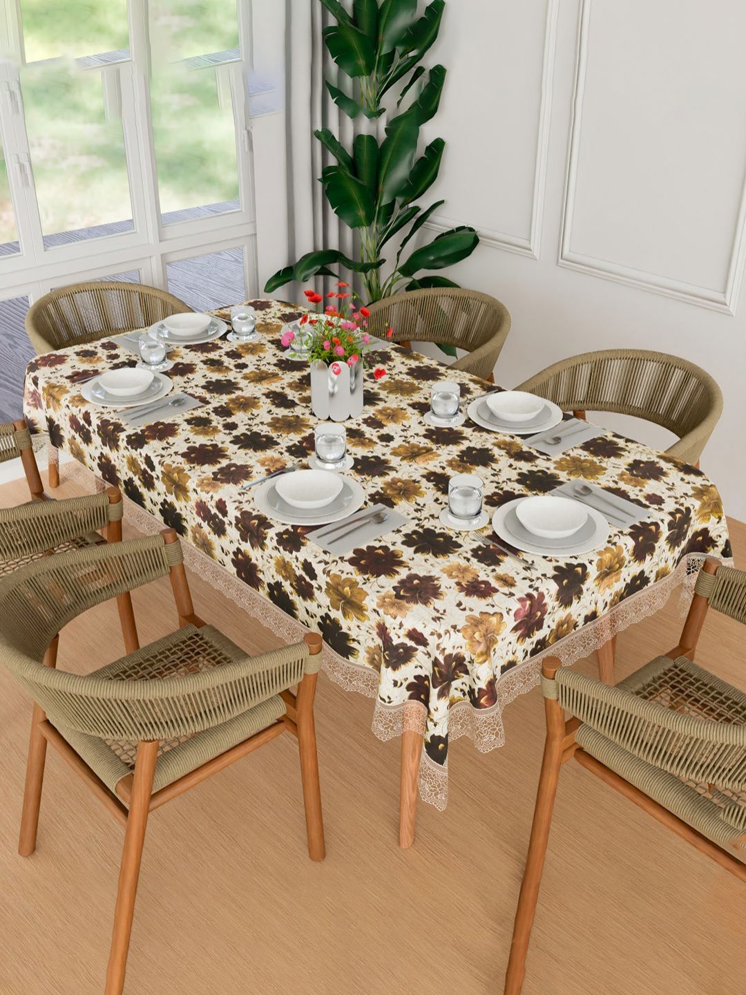 Aura Brown Floral Printed Waterproof 6-Seater Rectangle 1.52 m x 2.3 m PVC Table Cover-picture-48