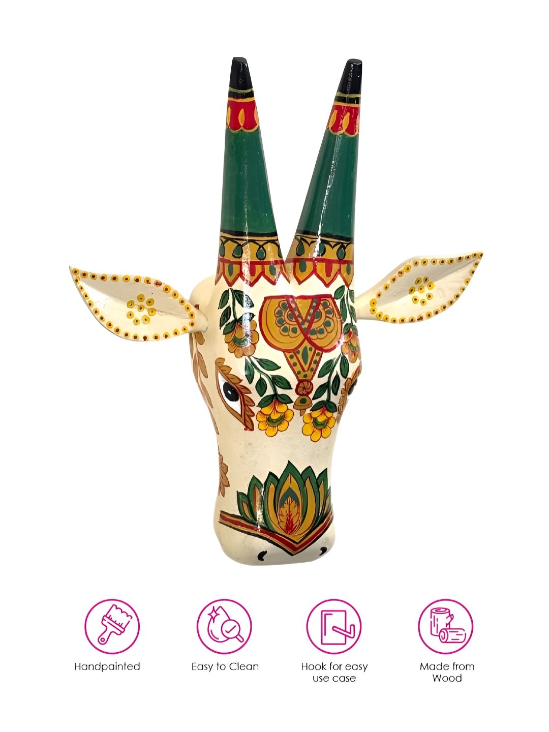 Atrangi Studio Off White & Green Cow Printed Wooden Wall Decor Mask-picture-32