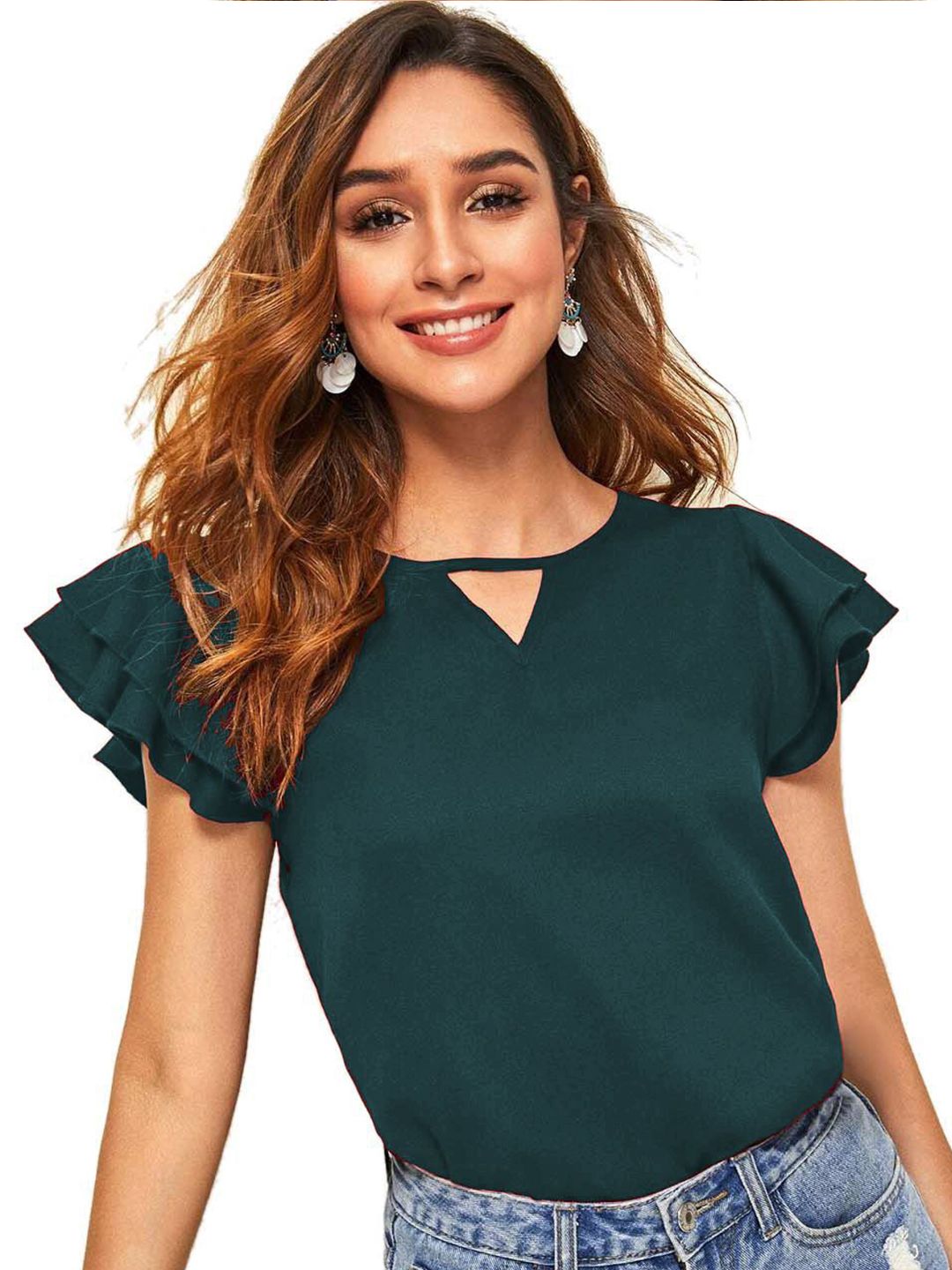 DressBerry Women Keyhole Neck Flutter Sleeve Crop Top-picture-21