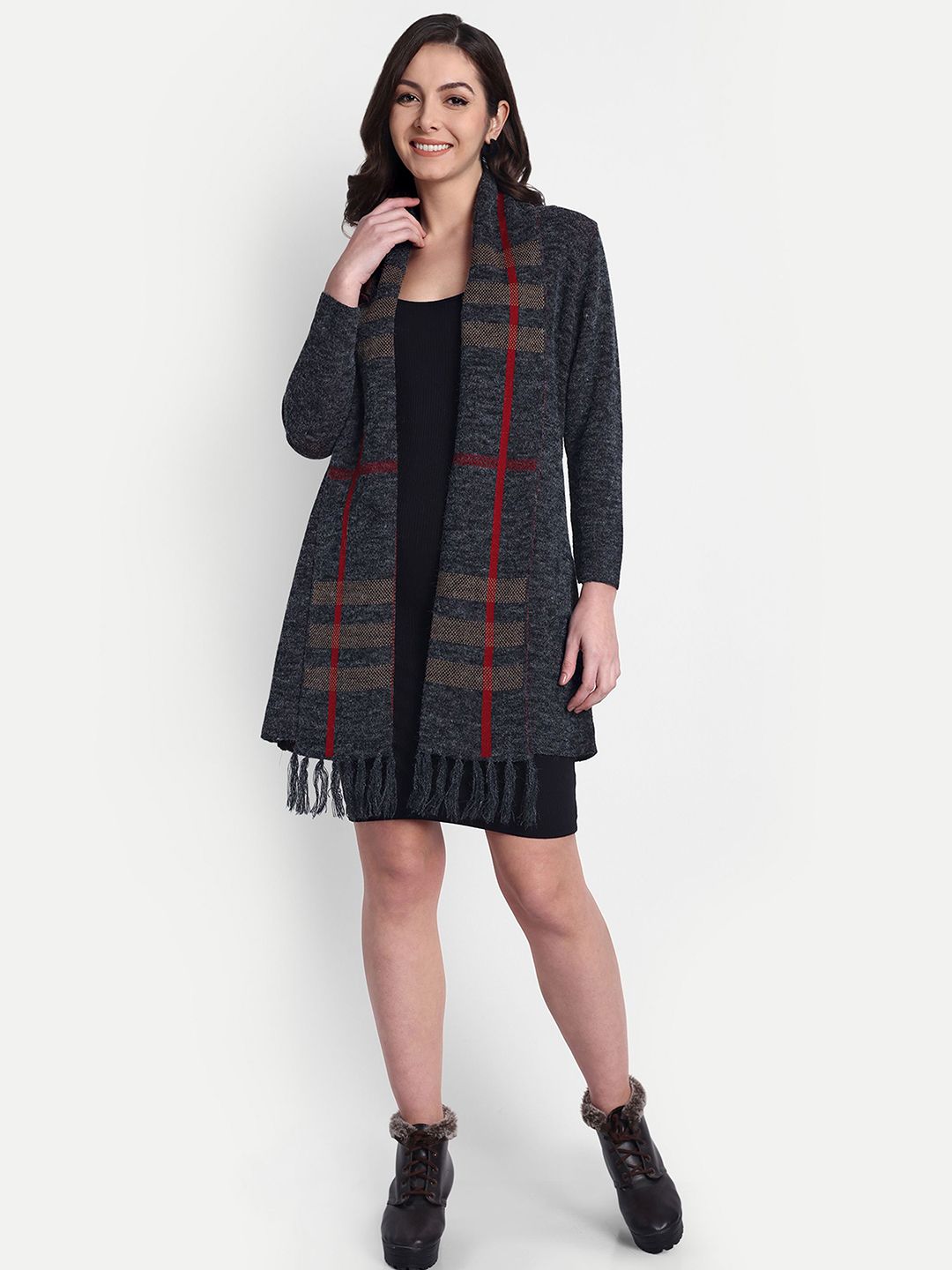 HAUTEMODA Geometric Woven Design Long Sleeves Open Front Woolen Shrug-picture-15