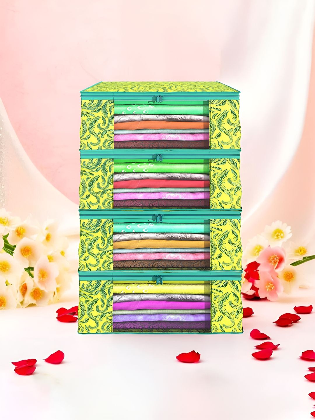 Aura Green & Yellow 4 Pieces Printed Foldable Saree Covers-picture-12