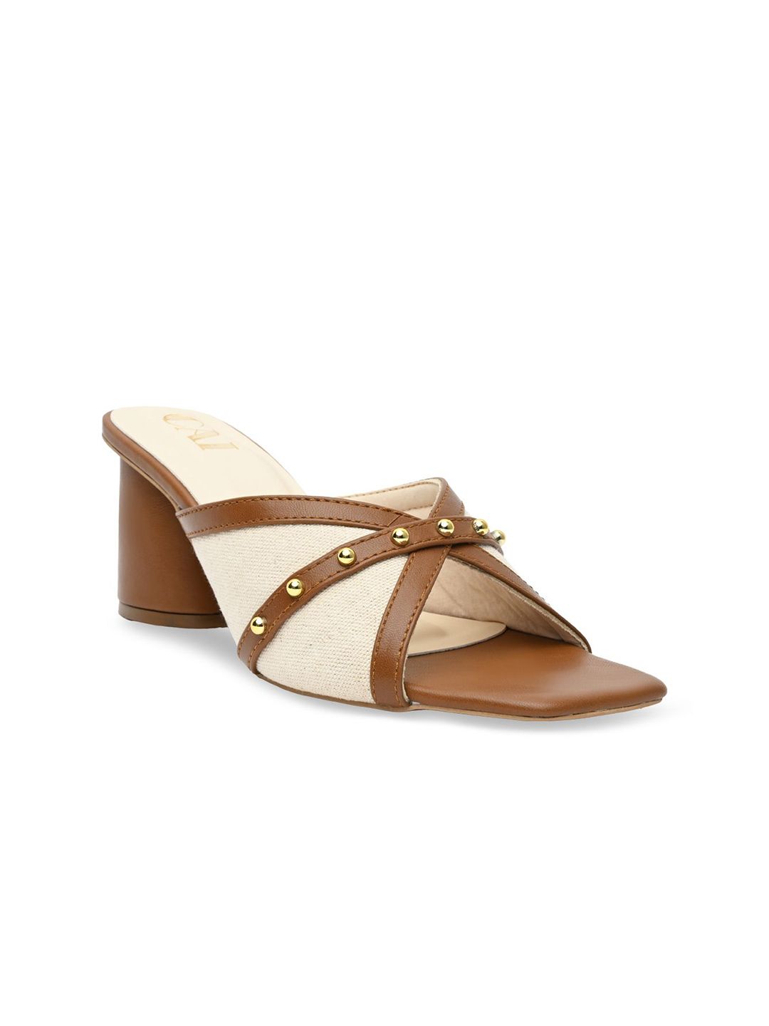 CAI Women Canvas Rivet Tan Block Heels Sandals-picture-10